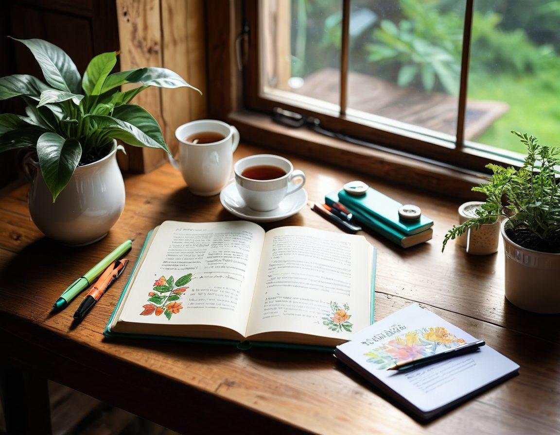 A beautifully arranged lifestyle journal open on a rustic wooden table, surrounded by colorful pens, stickers, and inspirational photos. Sunlight filters through a nearby window, casting warm shadows and highlighting the journal's vibrant pages filled with creative entries. Include cozy elements like a steaming cup of tea and a plant in the background for a homey feel. warm tones, soft focus, inviting atmosphere.