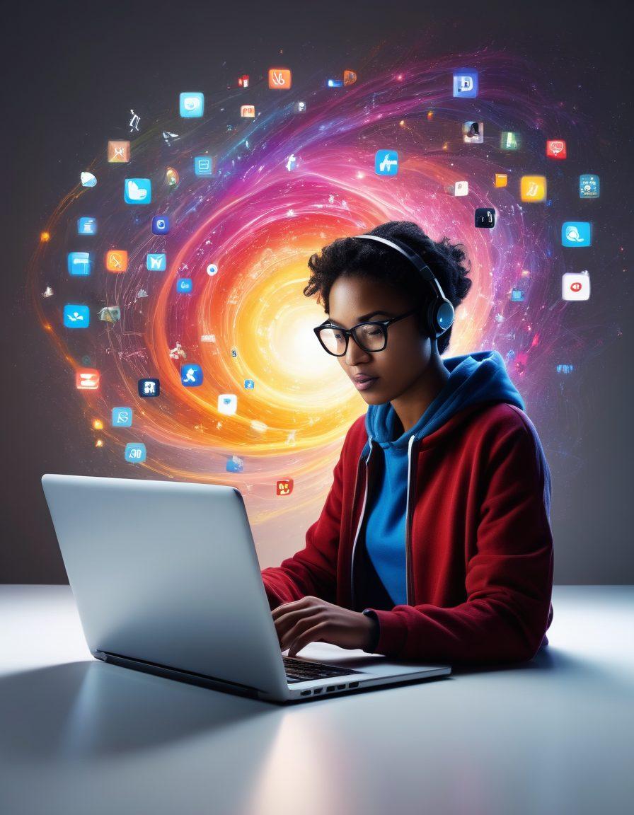 A captivating visual of a storyteller at a digital canvas, with swirling elements of a laptop, social media icons, and engaging visuals around them. The background shows a blend of tech and creativity, symbolizing the fusion of storytelling and digital media. Light beams illuminate the scene, emphasizing inspiration and connection with an audience. super-realistic. vibrant colors. white background.