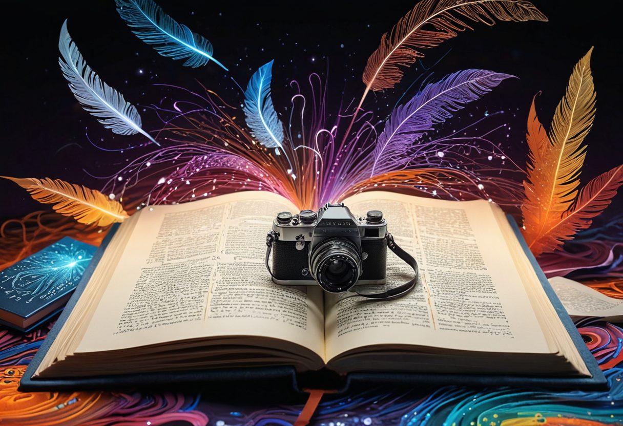 A captivating digital landscape featuring an open journal with glowing pages, surrounded by creative icons representing storytelling such as a quill, a camera, and a computer screen. In the background, a whimsical mix of social media symbols and colorful lines of text float, symbolizing online connections and narratives. The scene should inspire creativity and exploration in digital storytelling. vibrant colors. super-realistic.